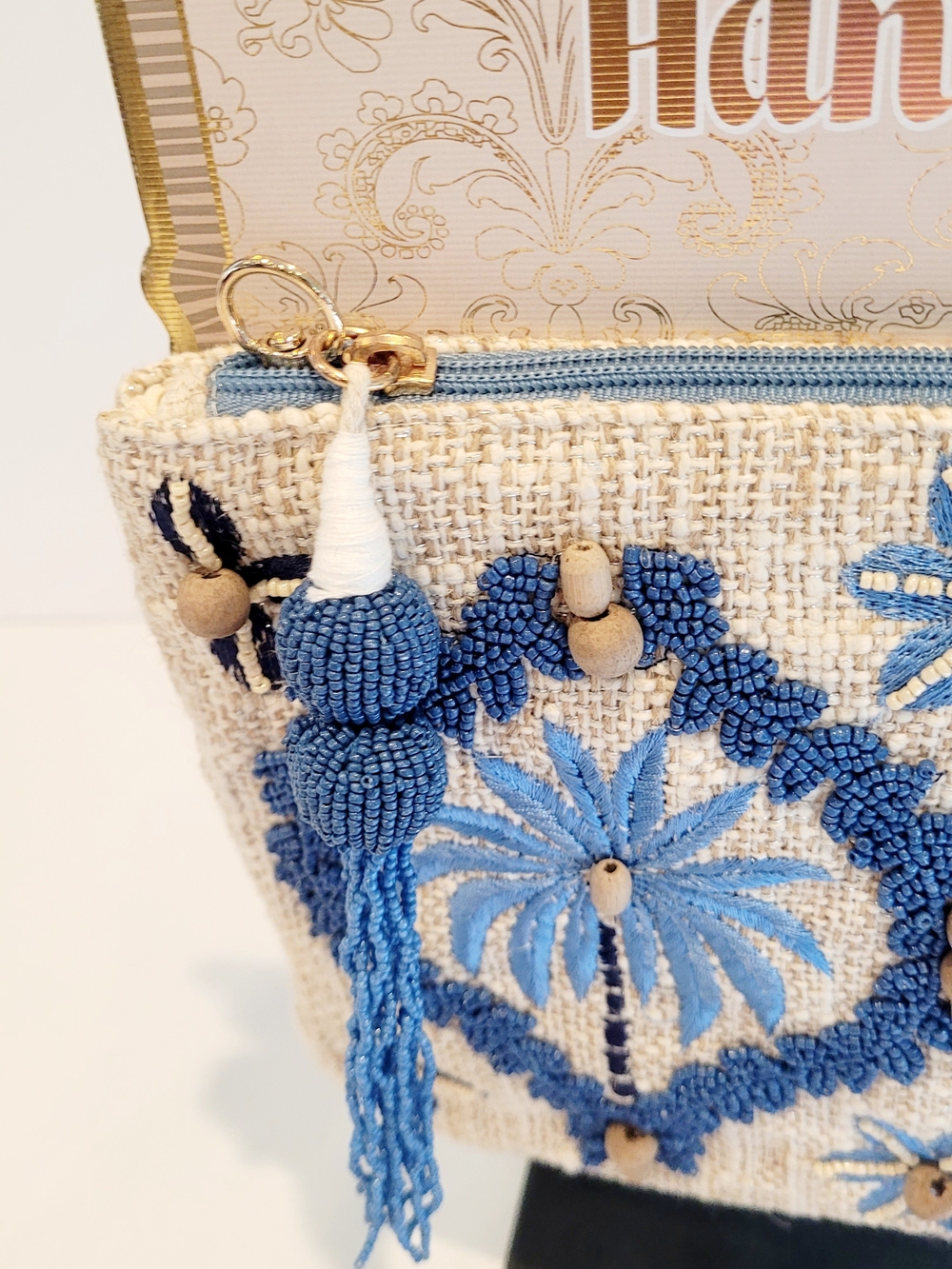 India Handmade Beaded Palm Clutch Bag in Blue and Cream - Picture 2 of 4